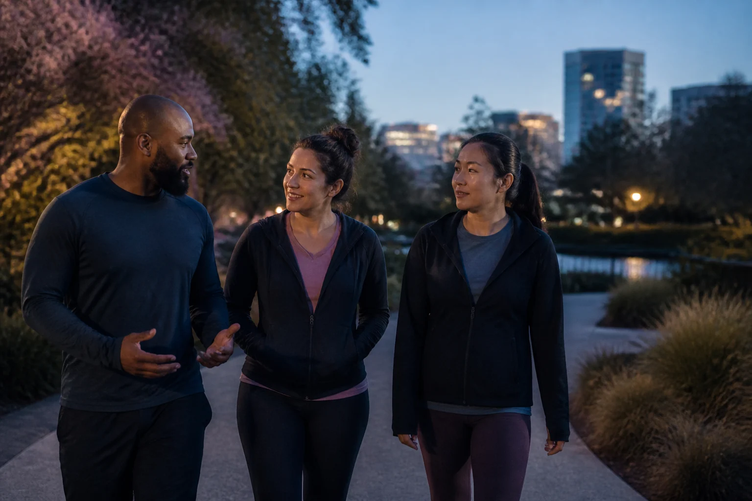 Three friends talking during a relaxed evening walk