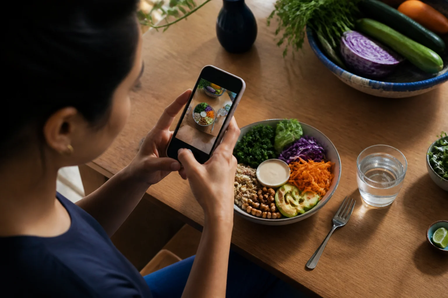A person takes a phone photo of a balanced meal at home