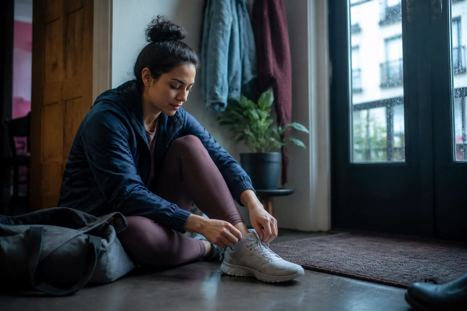 A person tying a walking shoe at home on a rainy afternoon