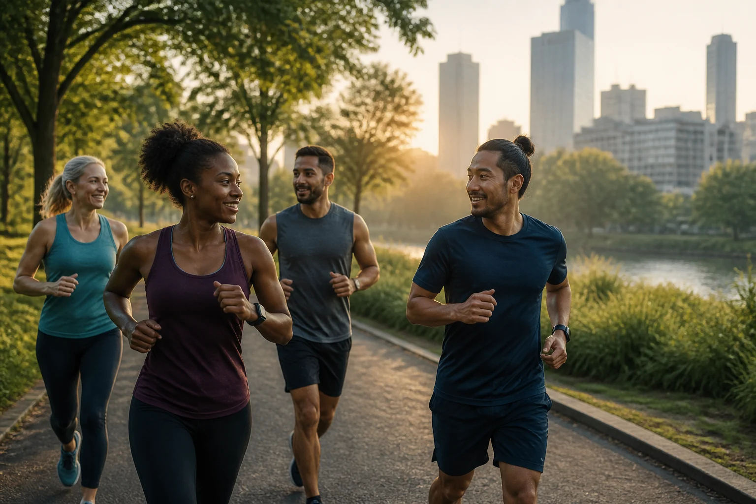 A diverse group of friends runs together through a city park